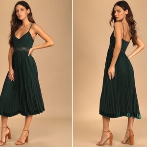 Spaghetti Strap Dark Green Midi Dress with Lace Trim and Swiss Dots